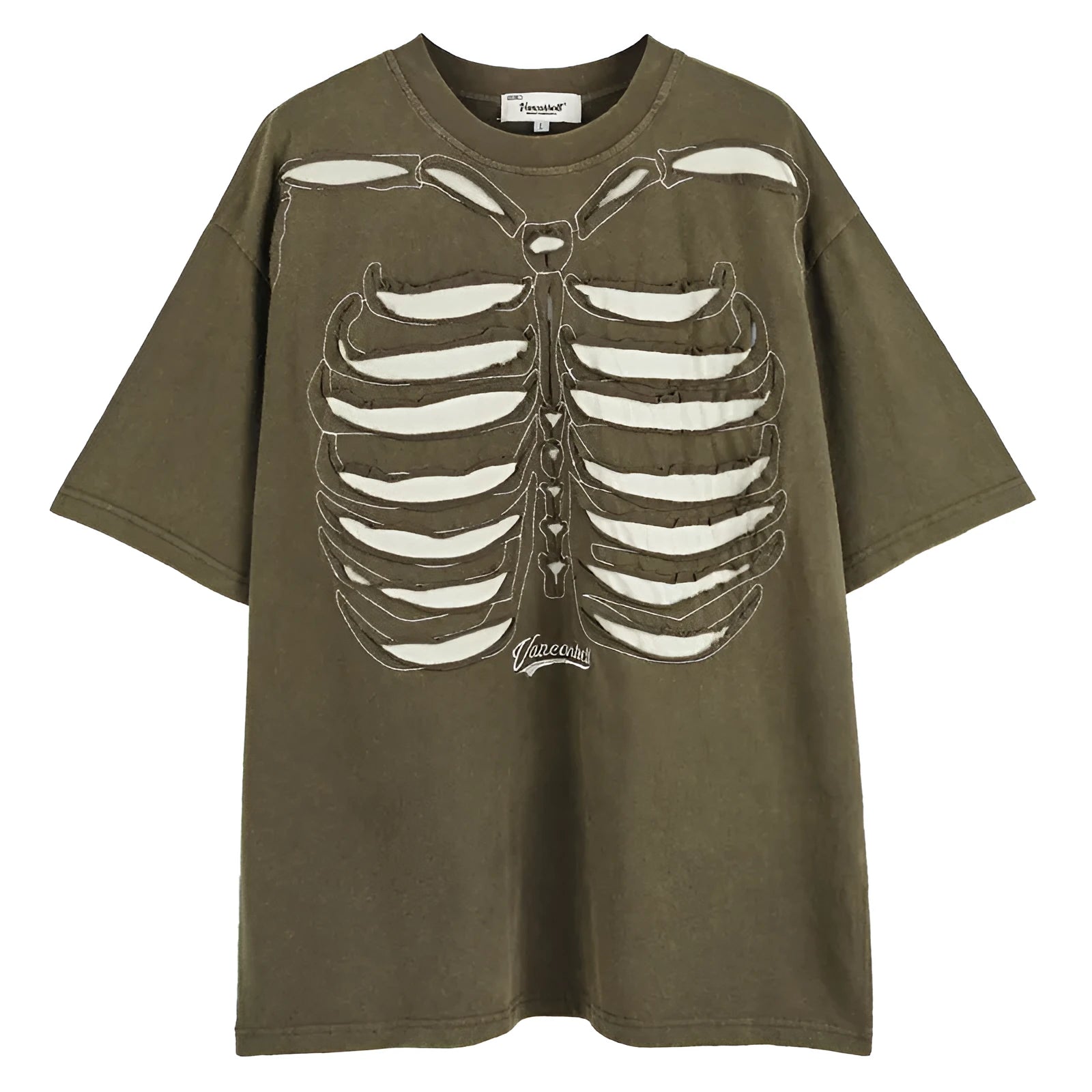 Brown and black skull print cotton T-shirt with drop-shoulder sleeves