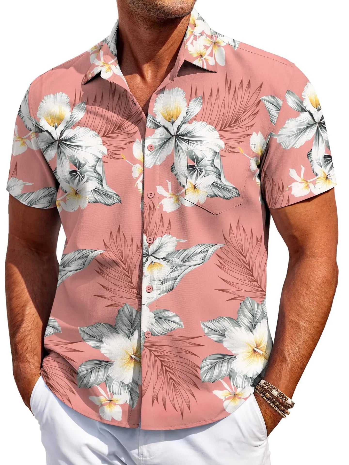 A man wearing a slim-fit short-sleeve shirt in a solid colour, showing the cardigan style and elastic fabric.