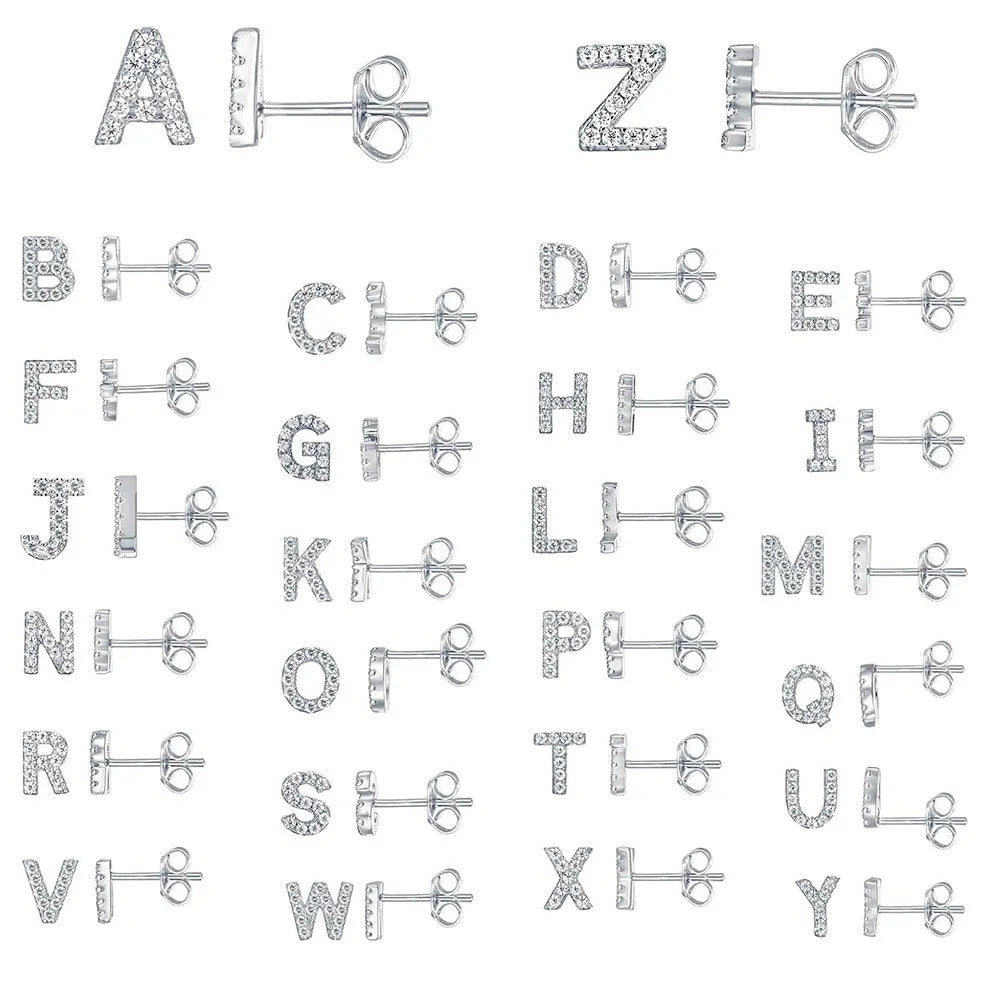 Gold plated alphabet letter earrings with zircon details showing English character design