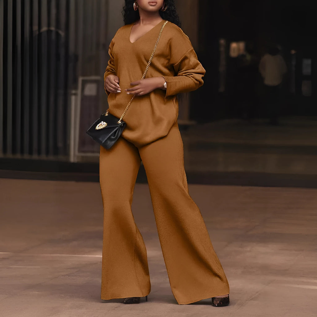 Women's brown thickened velvet two-piece suit with split sleeve top and matching trousers in Japanese Korean casual style