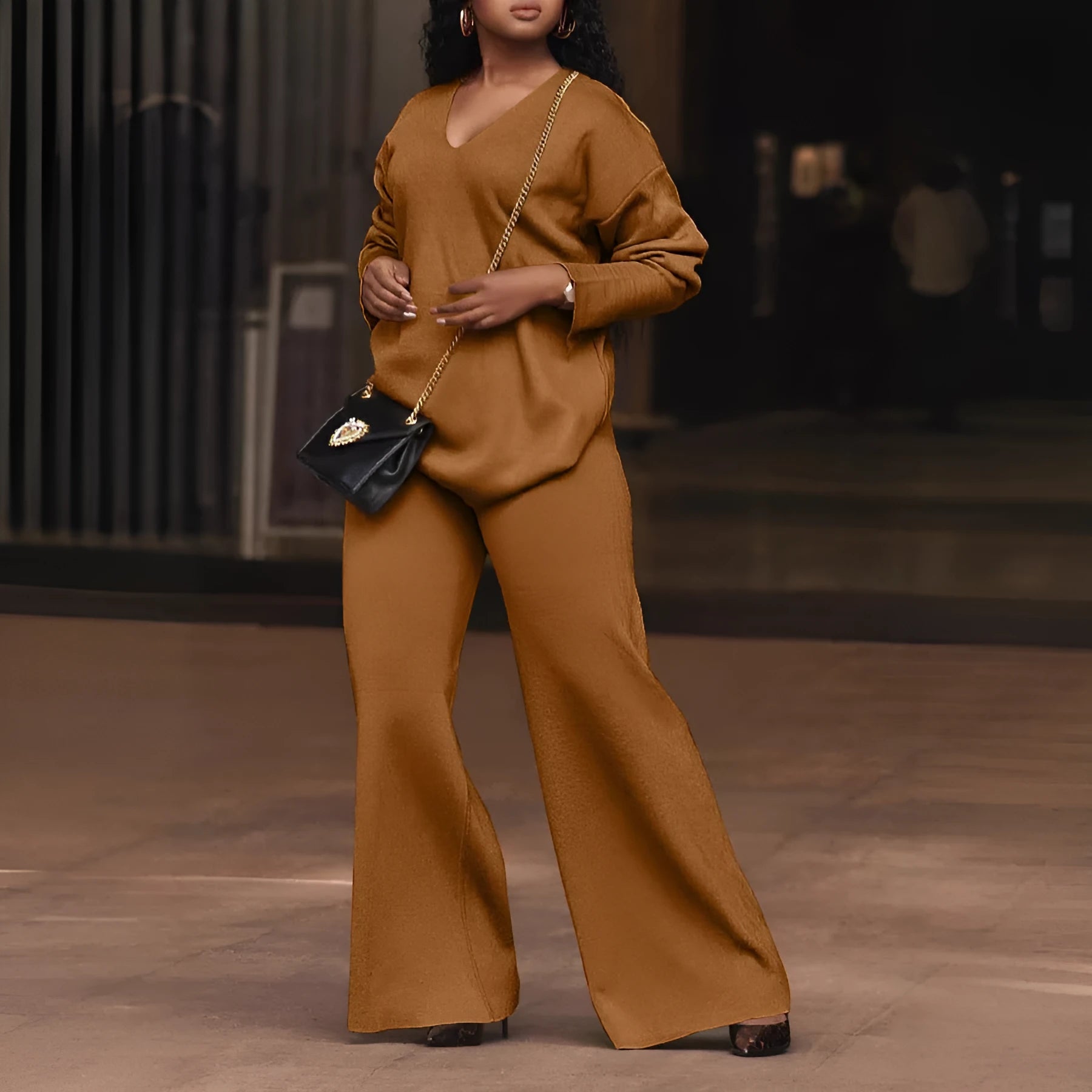 Women's brown thickened velvet two-piece suit with split sleeve top and matching trousers in Japanese Korean casual style