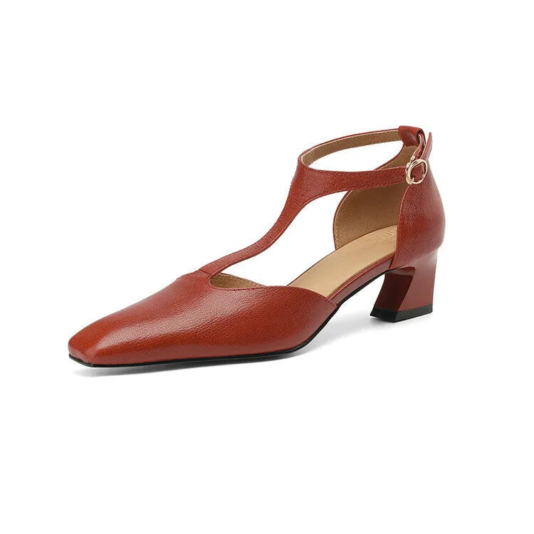 Wine red women's square toe chunky heel shoes with buckle closure, made from sheepskin leather.