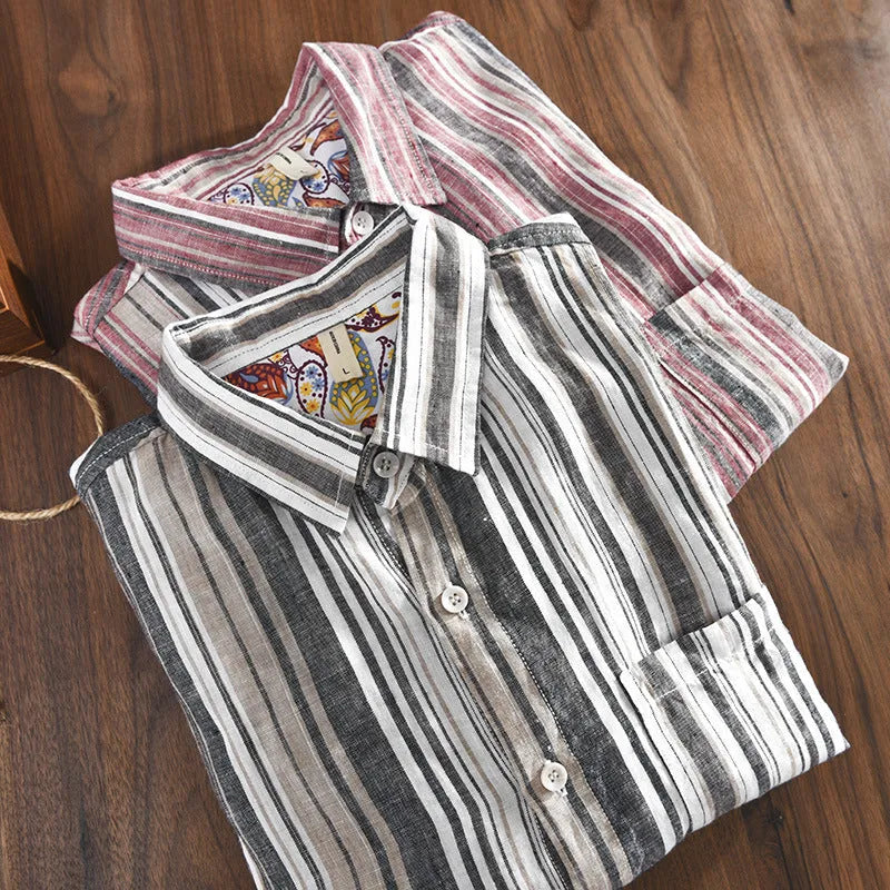 Men's striped linen casual shirt in loose fit with long sleeves, available in red and grey colours