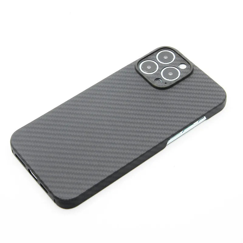 Magnetic hard fibre phone case for iPhone13 Pro Max in fine hole black grey with carbon fibre texture