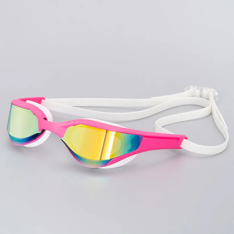Black and gold plated anti-fog racing swimming goggles with polycarbonate frame on a blue background.
