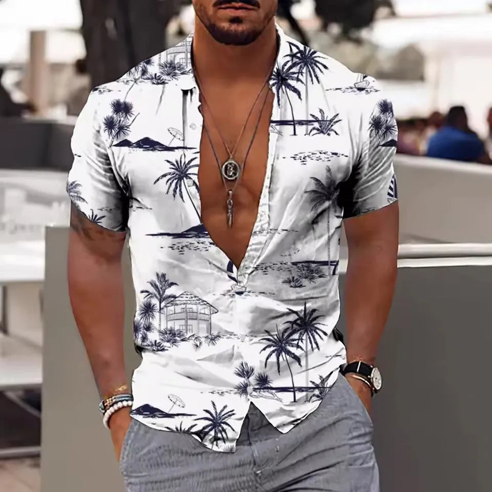Men's loose fit floral print short sleeve shirt in polyester fabric for summer casual wear