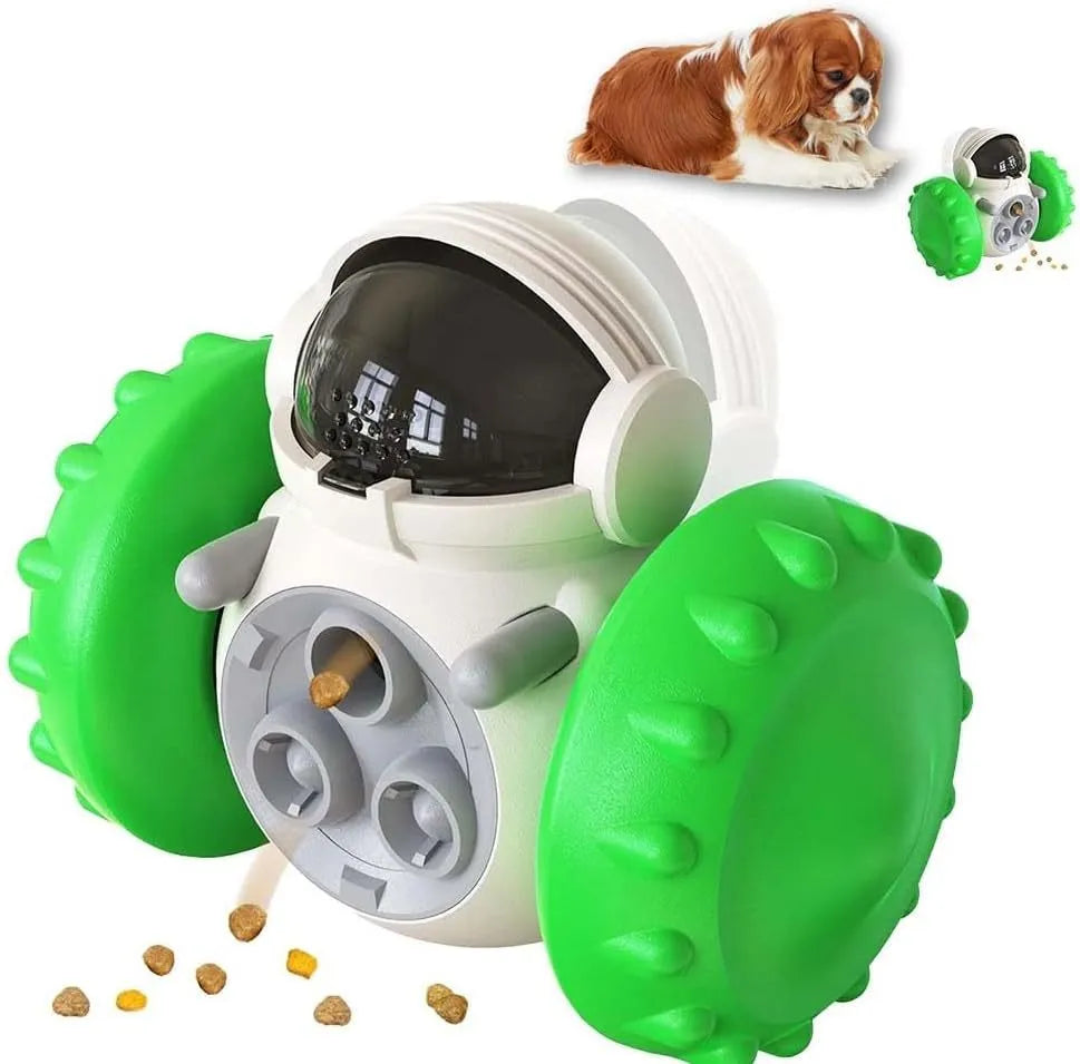 Interactive dog treat dispenser toy for small breeds in various colours with tumbler design