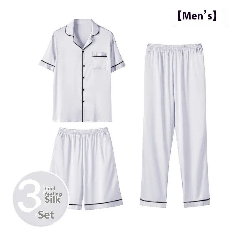 Men's ice silk three-piece homewear set in a choice of colours, showing top, shorts, and trousers.