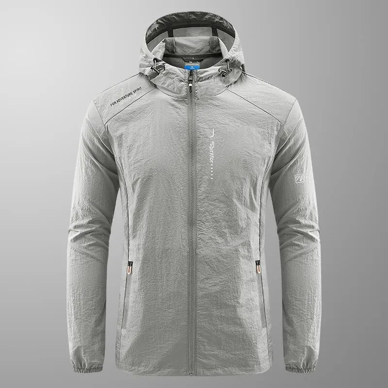 Men's lightweight nylon hooded summer jacket in loose fit, shown in a neutral colour.