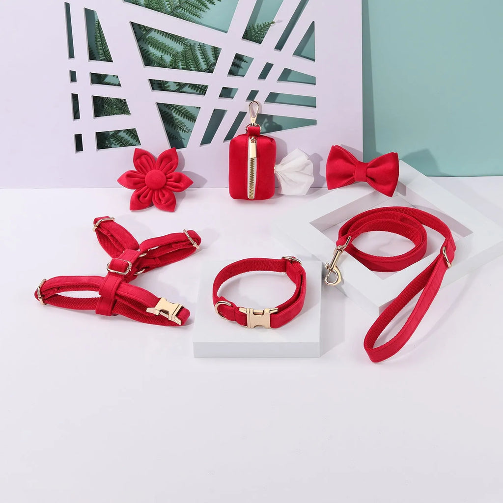 Soft cloth pet harness and lead set in velvet, showing collar, chest strap, lead, bow tie, and flower accessory.