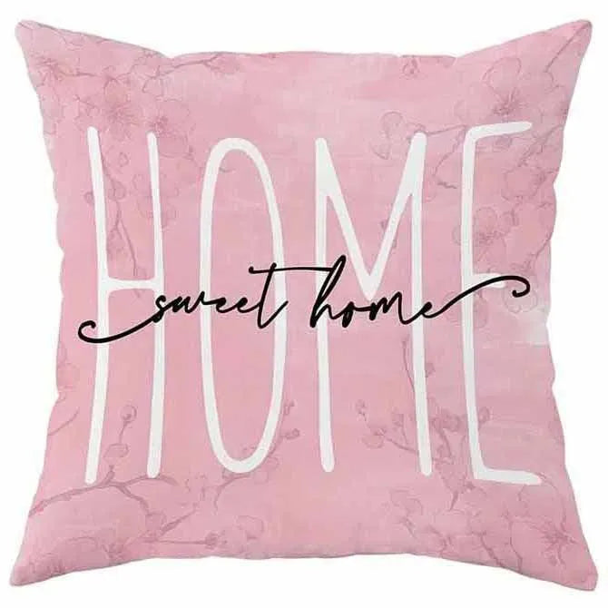 Short velvet cushion cover with cherry blossom and letter print in 45cm square size.