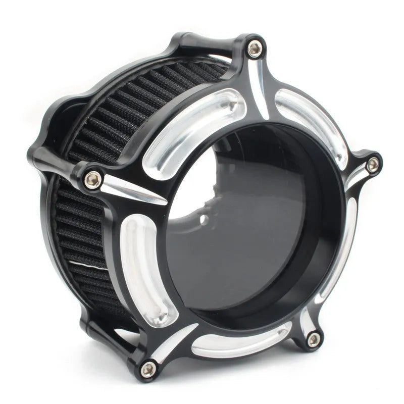Aluminium air filter retrofit kit in red and blue electroplated finishes with suction accessories.