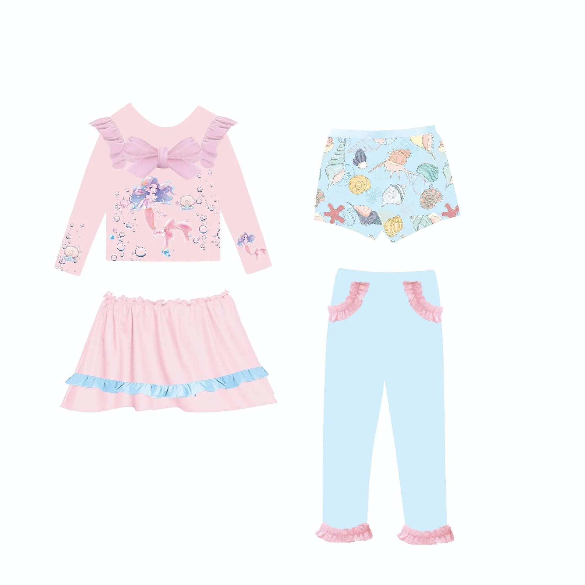 Girls' gilded mermaid swimsuit set with matching skirt and trousers in four colour options