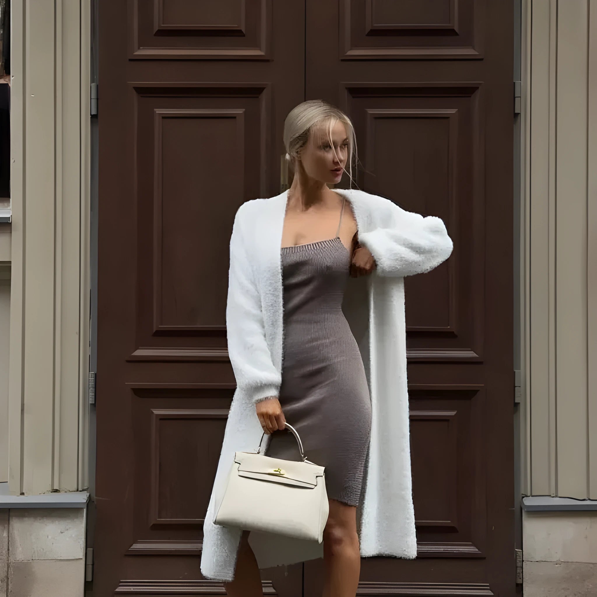 Women's long white knitted cardigan jacket with long sleeves and a loose fit.