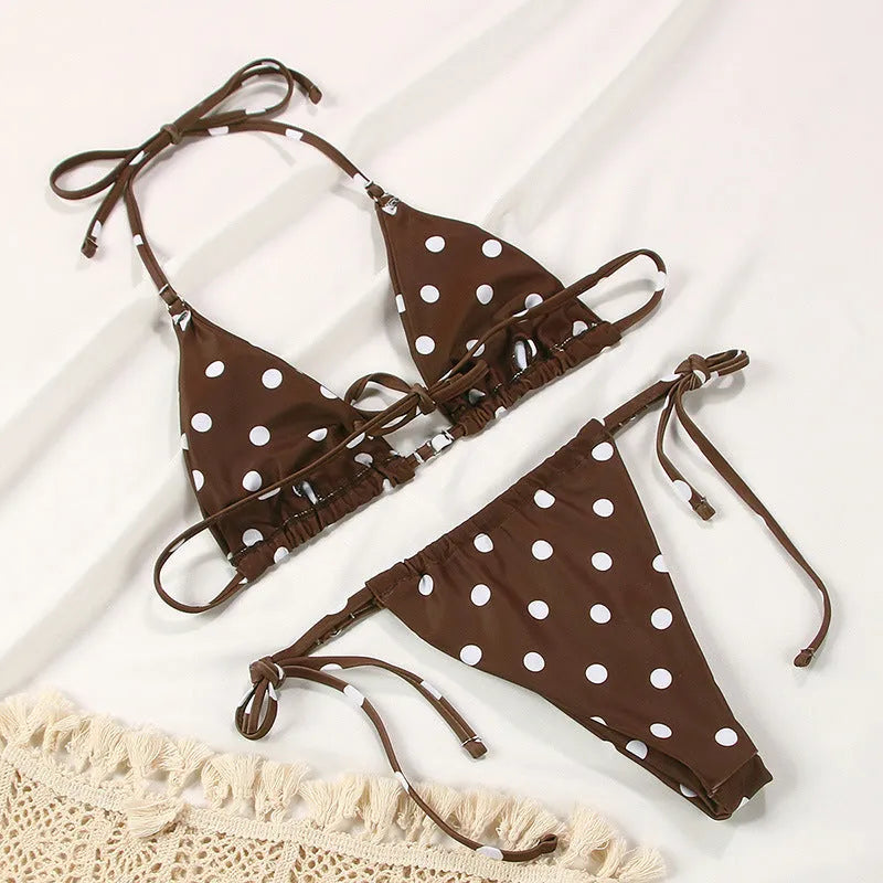 Women's polka dot print bikini swimsuit with split style design in multiple colour variations