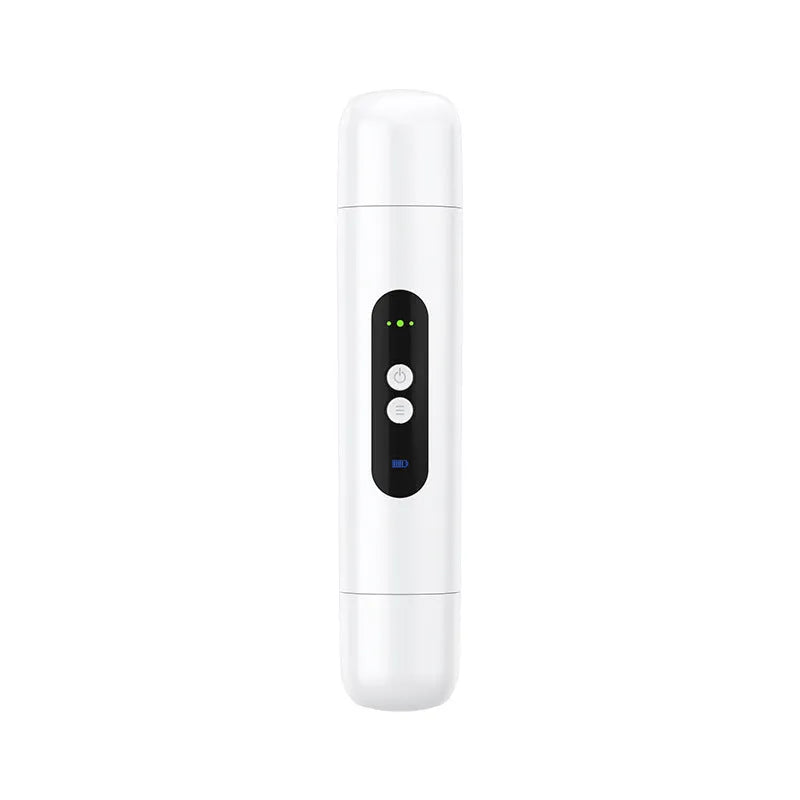 White and pink portable electric body hair trimmer with floating blades and USB charging cable.