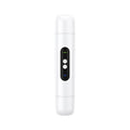 White and pink portable electric body hair trimmer with floating blades and USB charging cable.