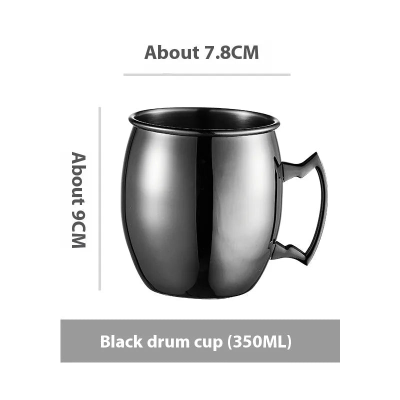 Copper plated stainless steel Moscow Mule mug in hammered and smooth styles, shown in silver, gold, rose gold, and black.