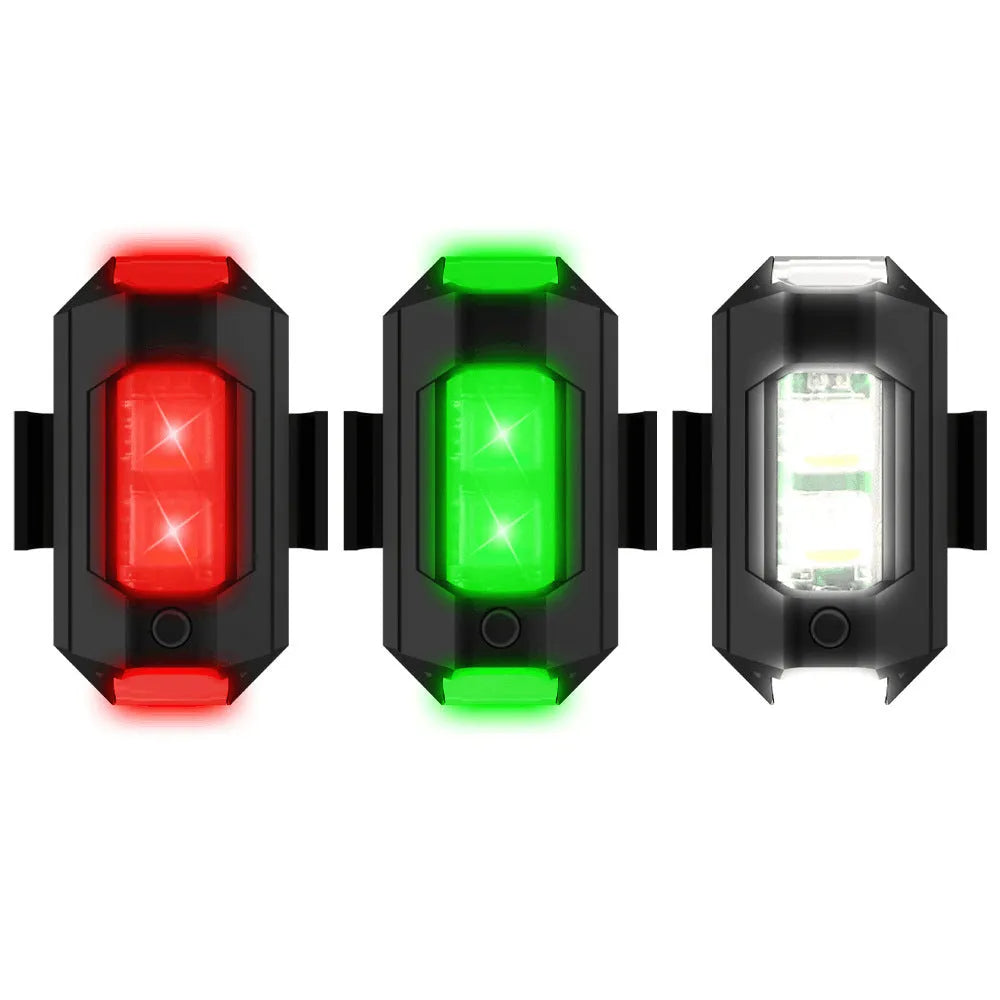 Drone strobe light accessory with RGB LED showing multiple colours, includes Type-C cable and mounting tape.