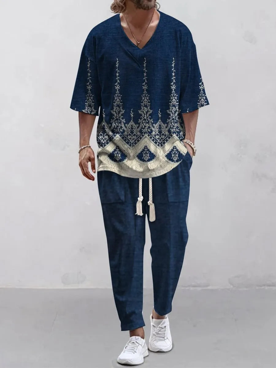 Cropped sleeves V-neck trousers suit in thin polyester two-piece set