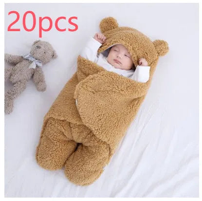 Baby quilted sleeping bag wrapper in cotton blend fabric showing colour options: white, red, grey, light blue, pink, khaki.