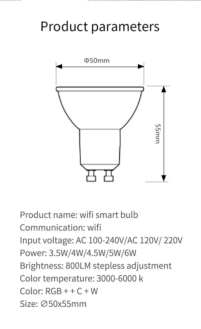 Smart WiFi GU10 LED spotlight bulb with RGBCCT colour and voice control