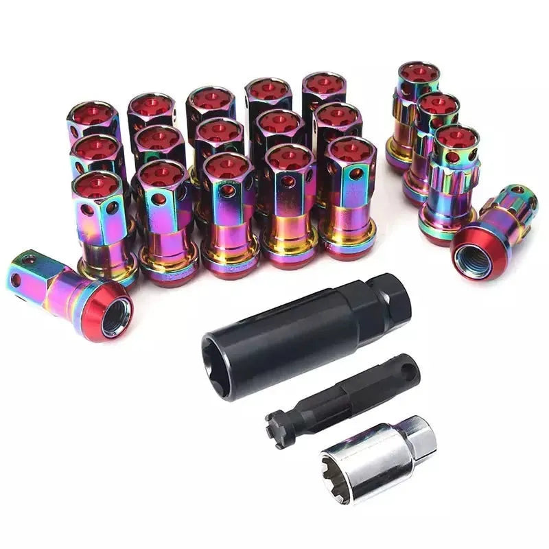 Set of aluminium alloy flat head wheel nuts in various colour combinations including black gold and blue.