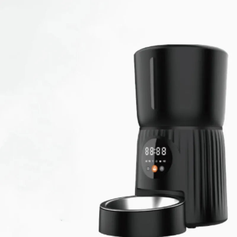 Black and white automatic pet feeder with mobile app remote control and USB power connection