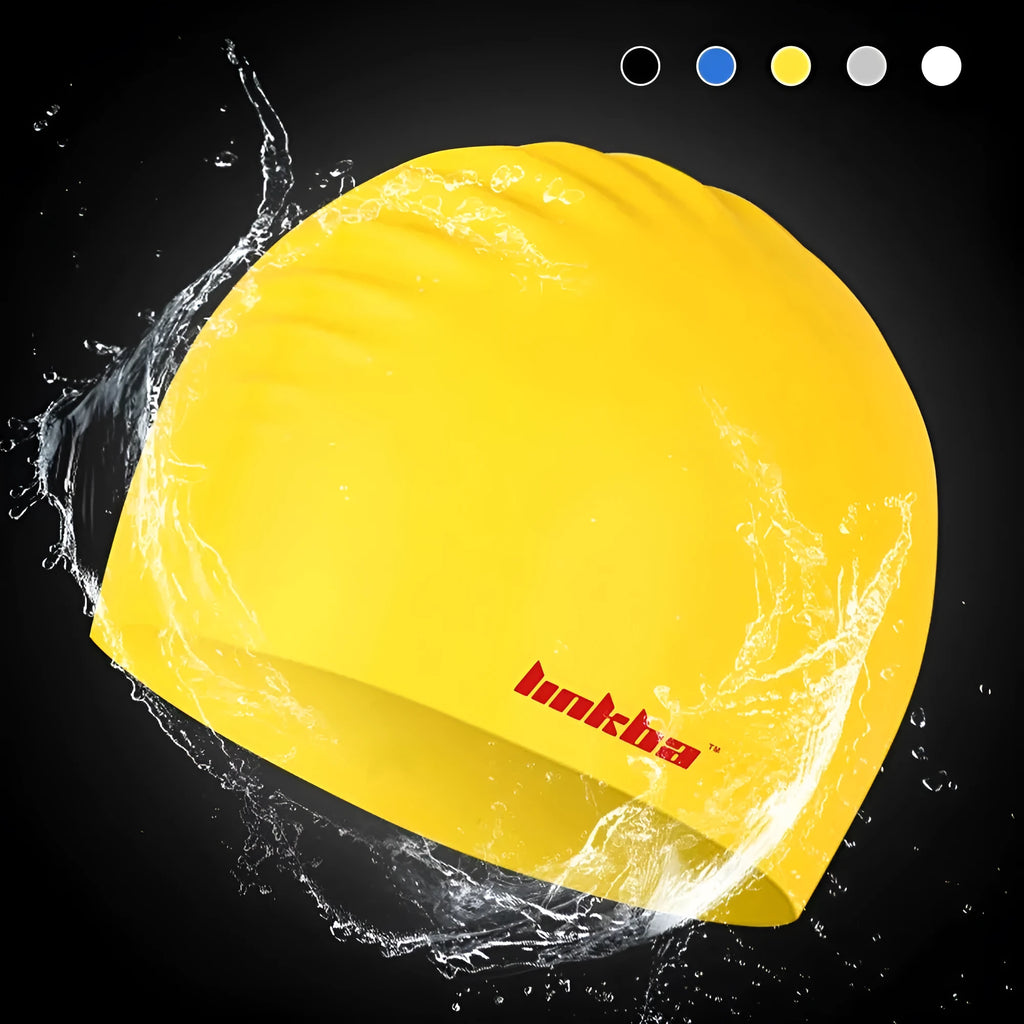 Silicone swimming cap with waterproof earmuffs in multiple colours showing letter pattern design