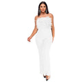 Women's sleeveless backless jumpsuit with flared legs in a champagne colour.