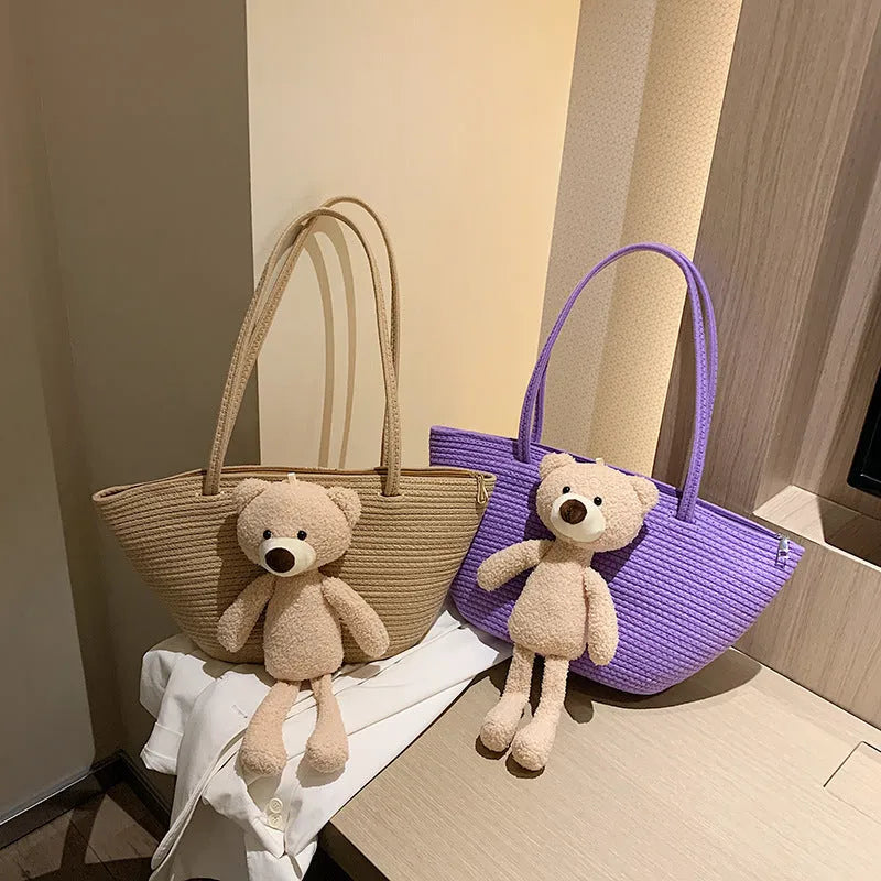 Woven cotton linen dumpling shape shoulder bag with double straps in six colour options