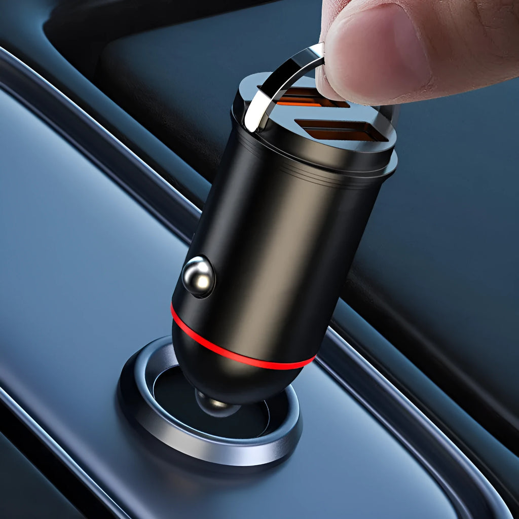 Black zinc alloy car charger for vehicle USB charging, showing compact size.