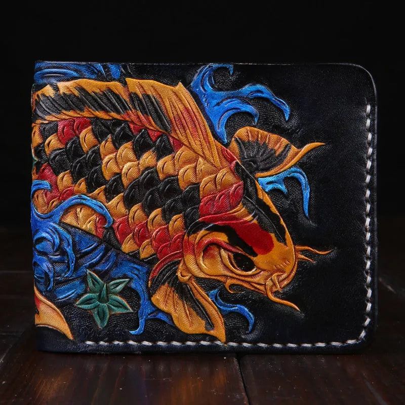 Men's red leather wallet with hand-carved texture and open closure