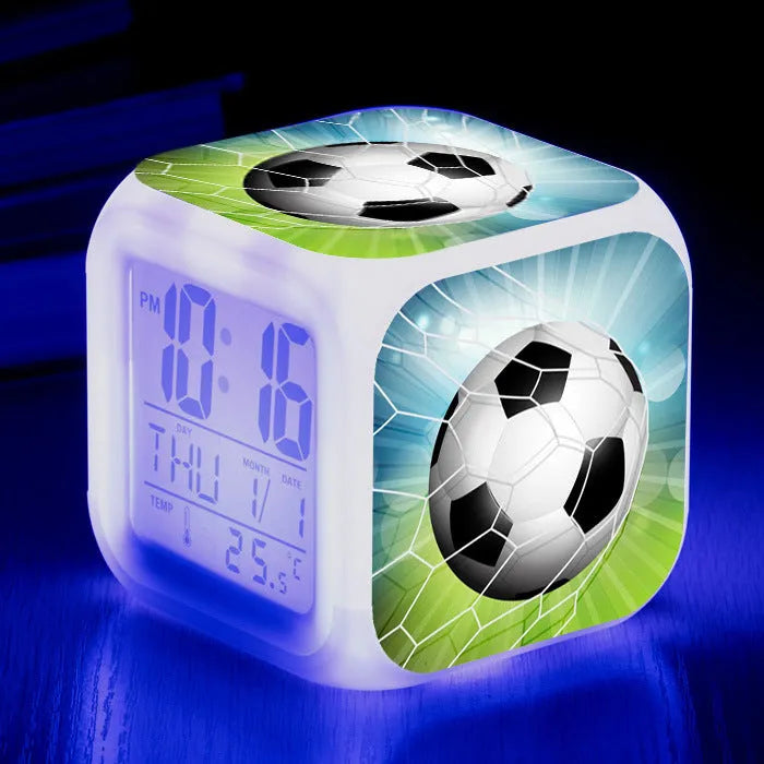 Colourful cartoon football pattern square alarm clock with mute function and USB cable