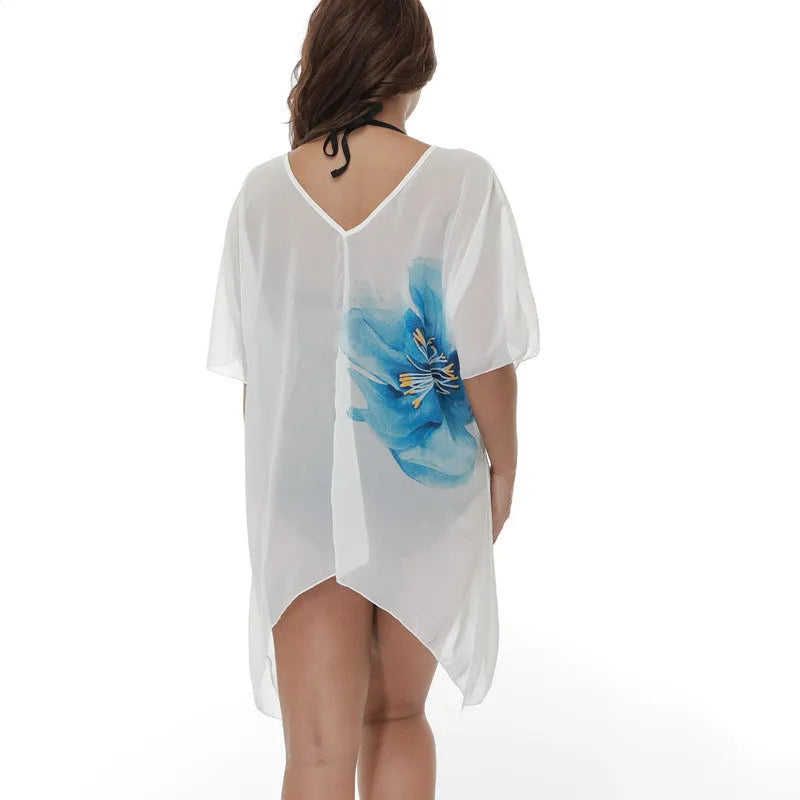 White plus size beach cover-up blouse loose fit polyester blend for swimming sun protection