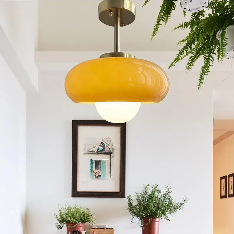 Bauhaus three-headed glass egg tart pendant light in retro style, shown in milk white.