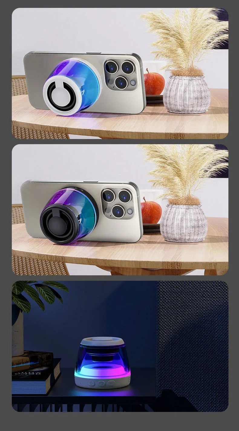 Portable wireless Bluetooth mini speaker with LED lights and magnetic back in black or white