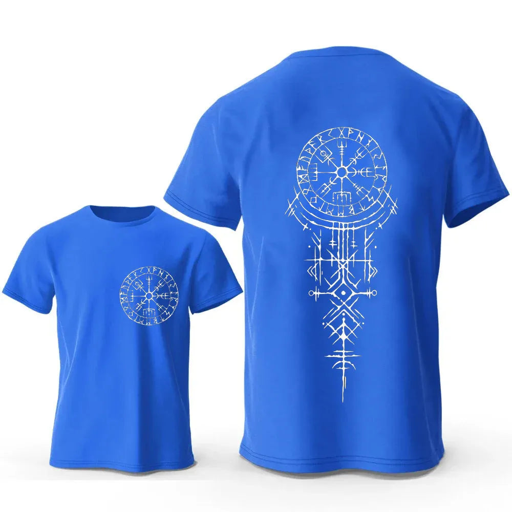 Men's grey T-shirt with a detailed Viking rune compass graphic printed on the chest.