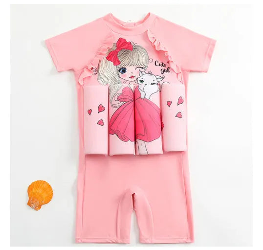 Children's buoyancy swimsuit with shark design showing one-piece swimwear with flotation features