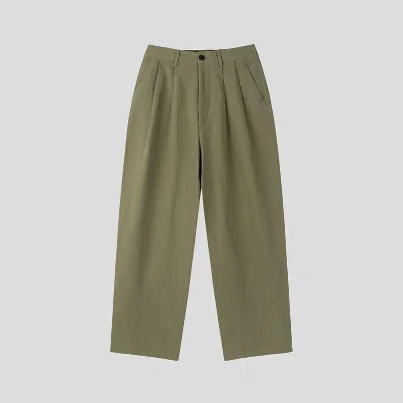 Men's lightweight cotton linen blend trousers in a loose fit, shown in apricot, army green, and purplish blue colours.