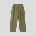 Men's lightweight cotton linen blend trousers in a loose fit, shown in apricot, army green, and purplish blue colours.
