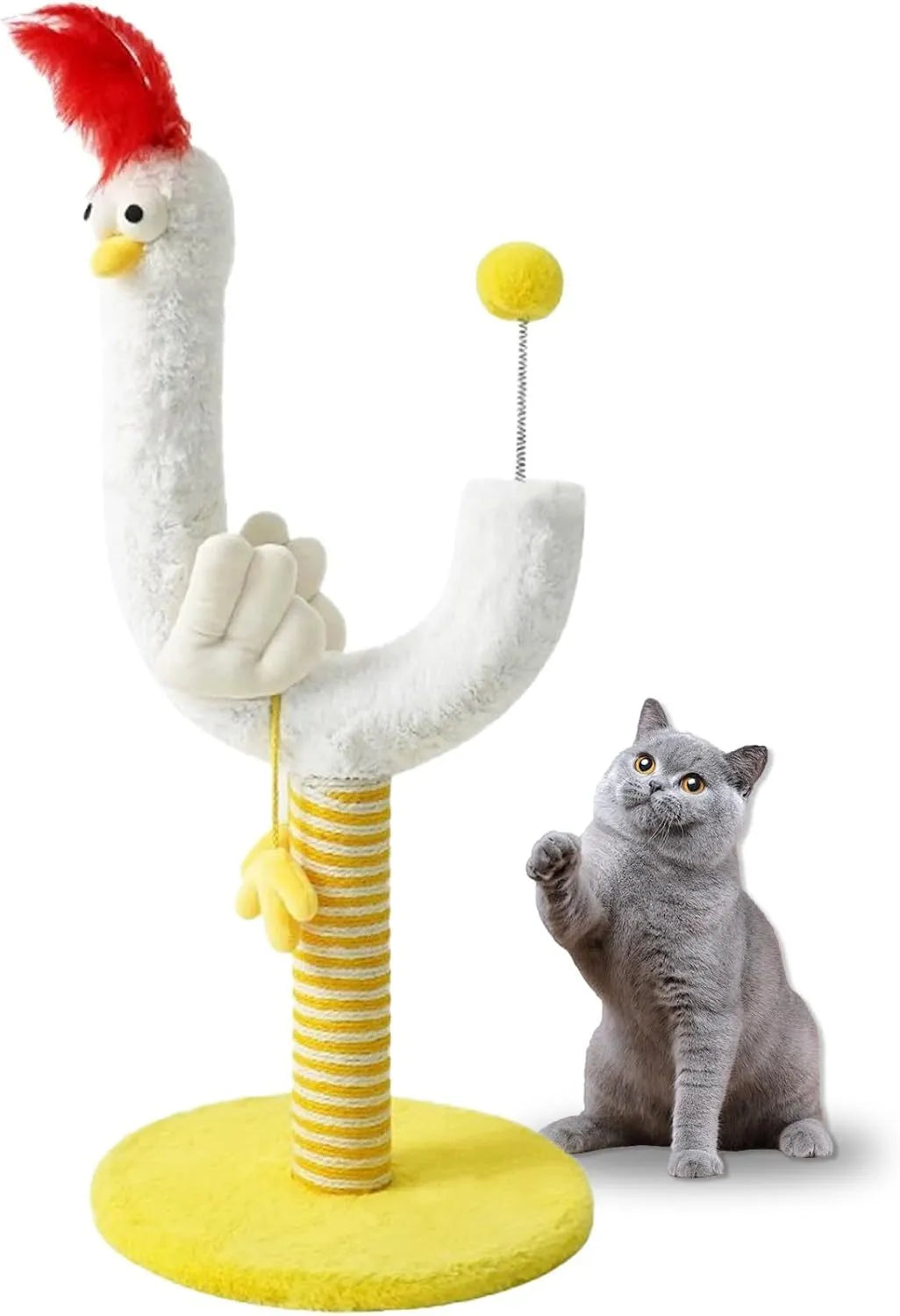 Yellow sisal cat scratching post with U-shaped design, spring ball toy, and solid wood construction