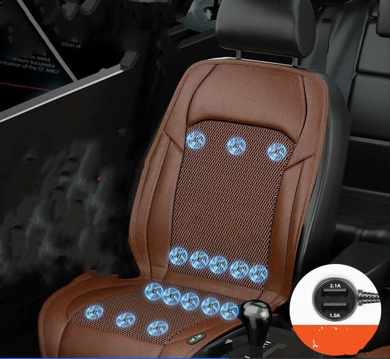 Black ventilated car seat cushion with multiple cooling fans, plugged into a 12V car socket.