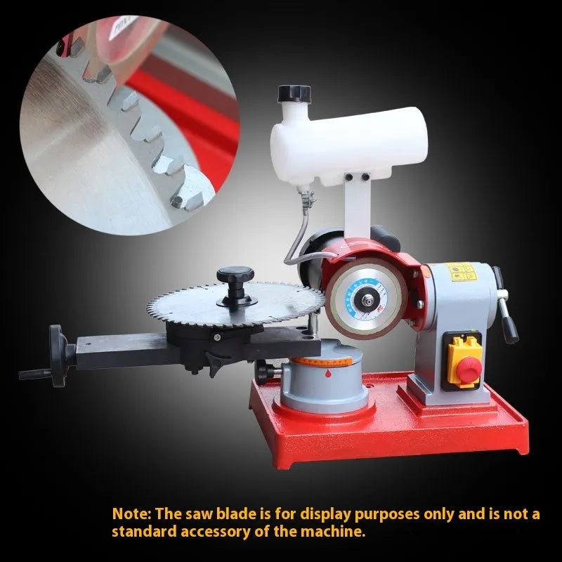 Small manual gear grinding machine for sharpening alloy circular saw blades on workbench