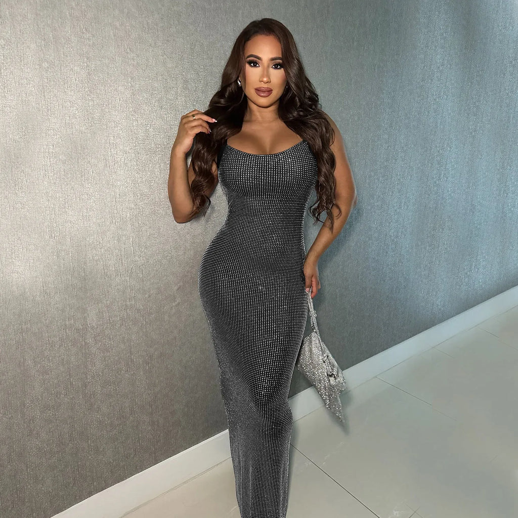 Women's mesh drilling backless bodycon dress in C7551 Black, polyester, long sheath style