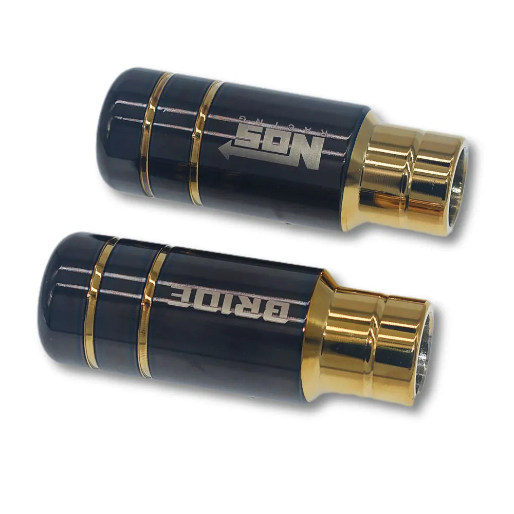 Roasted blue aluminium alloy car gear shift knob with three black rubber fitting sleeves.