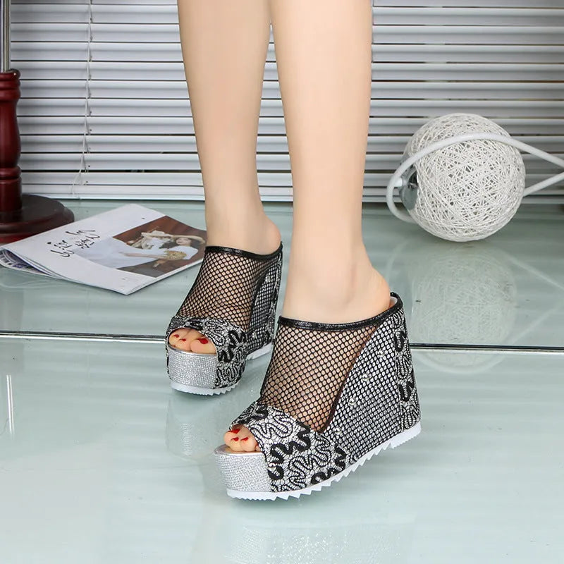 Women's Korean chunky platform sandals with hollowed-out heel and lace-up design in black, gold or silver