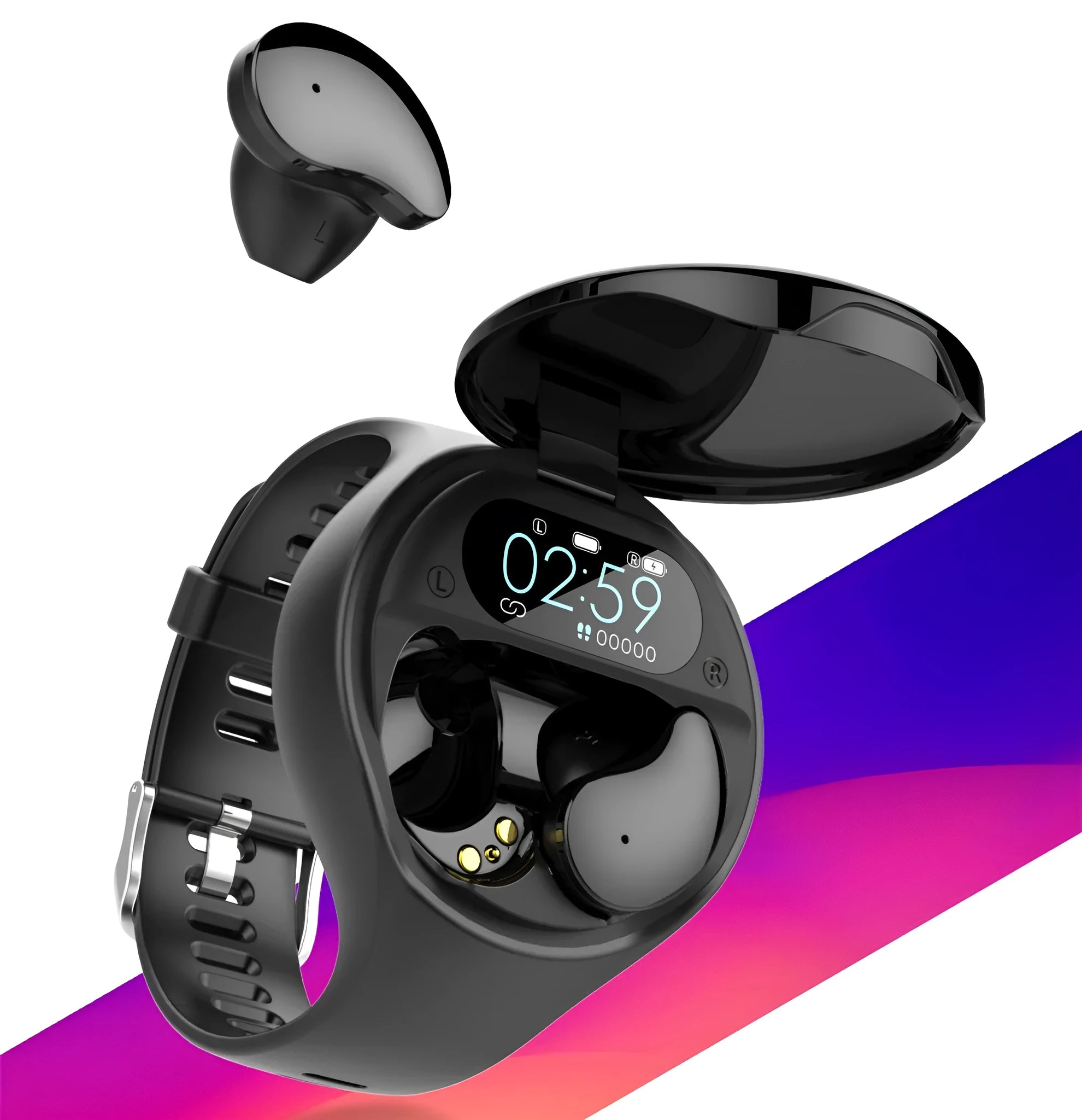 Black Bluetooth headset and smart bracelet combo showing detachable TWS earphones and sports watch display