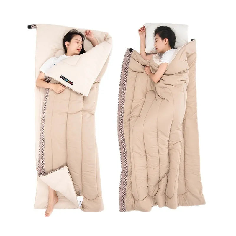 Four seasons portable camping sleeping bag showing Jiangnan spring colour with storage bag