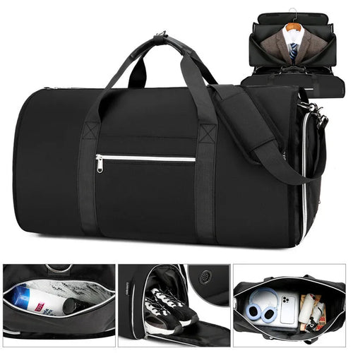 Multi-purpose Oxford cloth storage bag in grey colour, showing compartments and expansion feature.